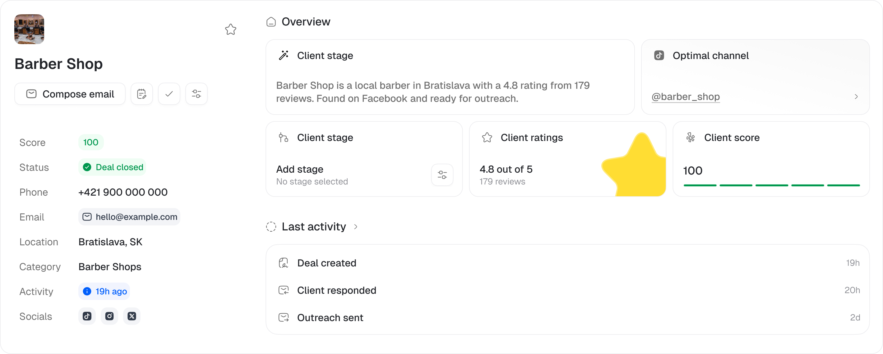 Example Dotless business workspace: a barber shop’s contact details, outreach-ready status, rating, lead score, and recent activity in one profile.