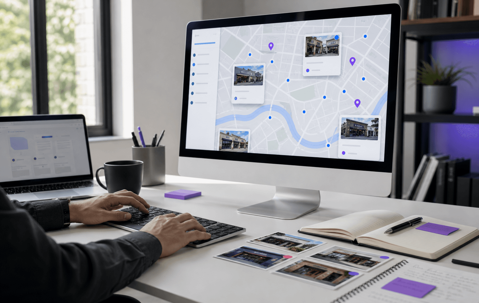 A clean agency desk with a local business map interface and storefront cards on a monitor.