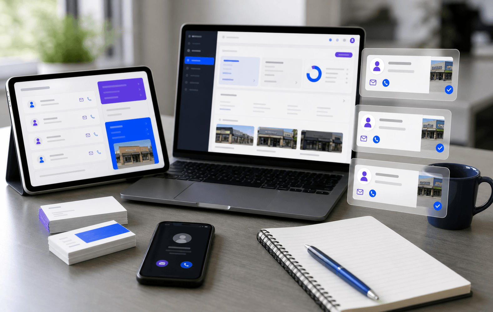 A premium desk setup with contact enrichment cards, local storefront thumbnails, and blue-violet interface accents.