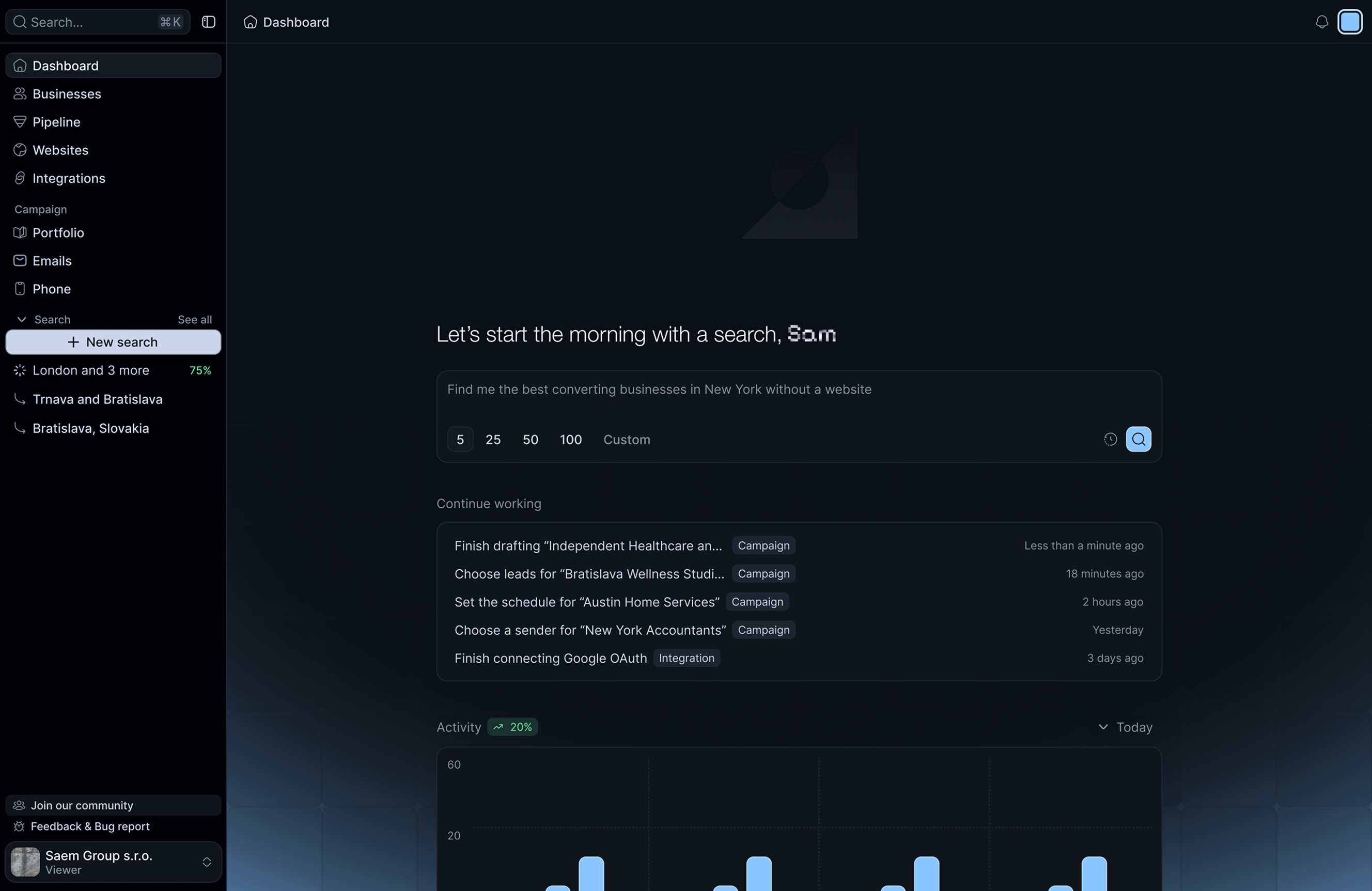 Dotless business search dashboard