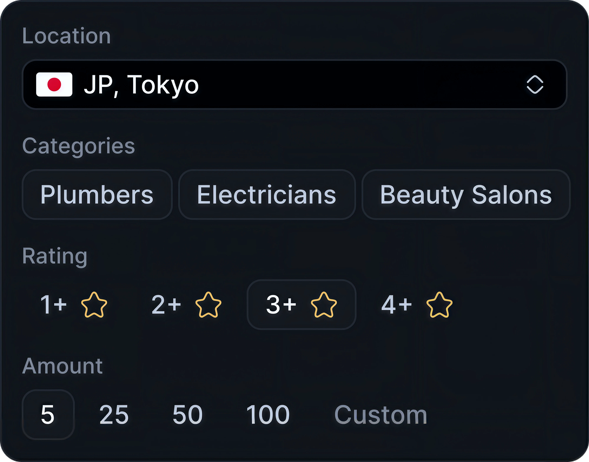 Business search filters for location, categories, rating and amount